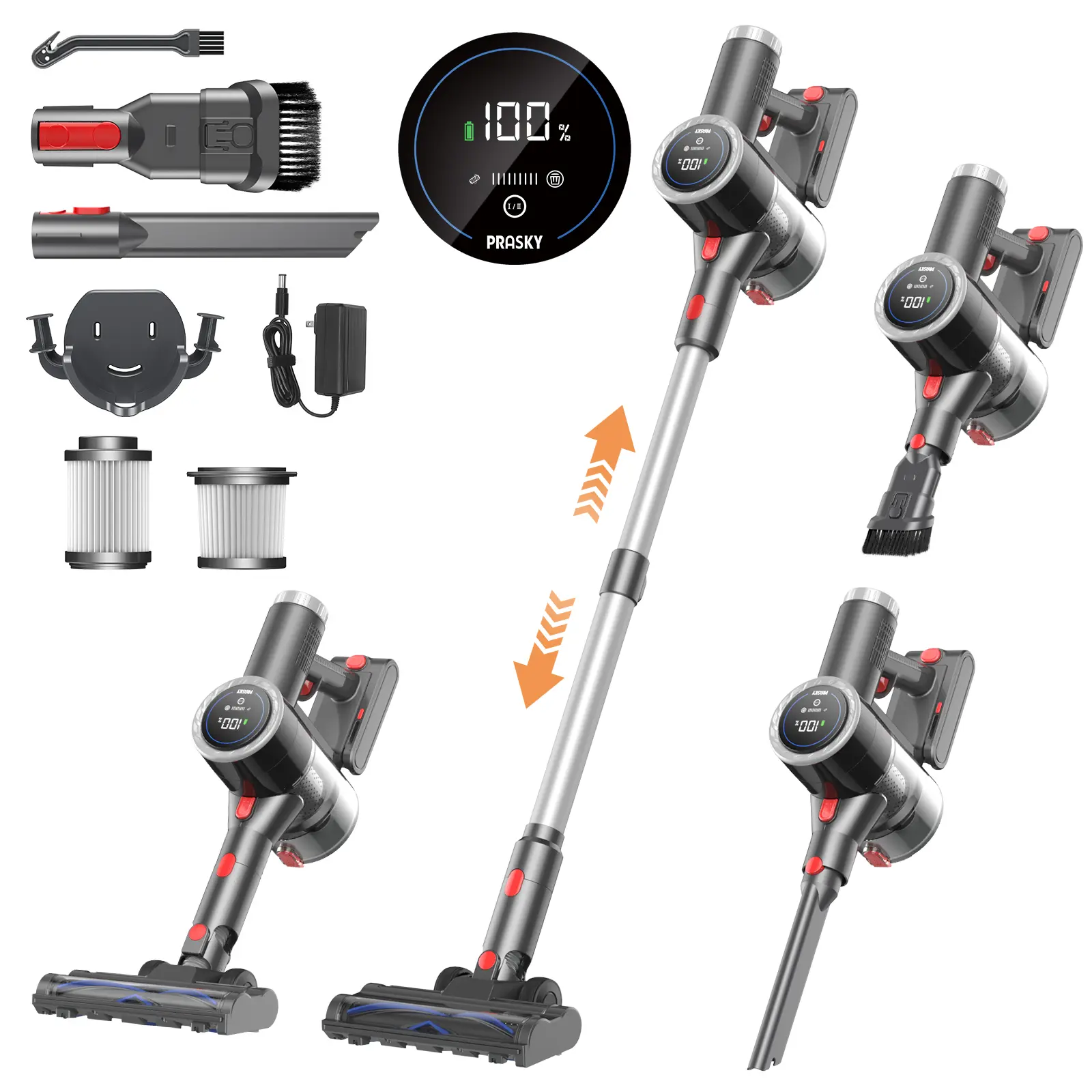 PRASKY Cordless Vacuum Cleaner,Lightweight Stick Vacuum with 52 mins Runtime,Self-Standing and Touch Screen,Anti-Tangle, Rechargeable Vacuum Cleaners for Home Hardwood Floor Carpet Pet Hair
