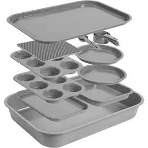 11 count Stackable Nonstick Baking Pan Set, Space-Saving Nesting Bakeware, 6-Cup Muffin, Cookie Sheet, Round Cake Pan, Deep Pan, Small Oven Tray | Measuring Cup Set - Carbon Steel