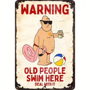 Iron Warning Sign for Pools - "Old People Swim Here, Deal with It" - 1 count Vintage Wall-Mount Decor for Beach, Lake, Pond - Durable, Weatherproof, Waterproof Metal Pool Sign with Pre-drilled Holes, No Electricity Required,Wall decor,Posters