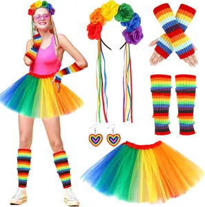 Rainbow Costume for Women, Rainbow Tutu Skirt Flower Headband Socks Arm Warmer Earrings LGBTQ Gay Pride Accessories Rainbow OutfitsGift.