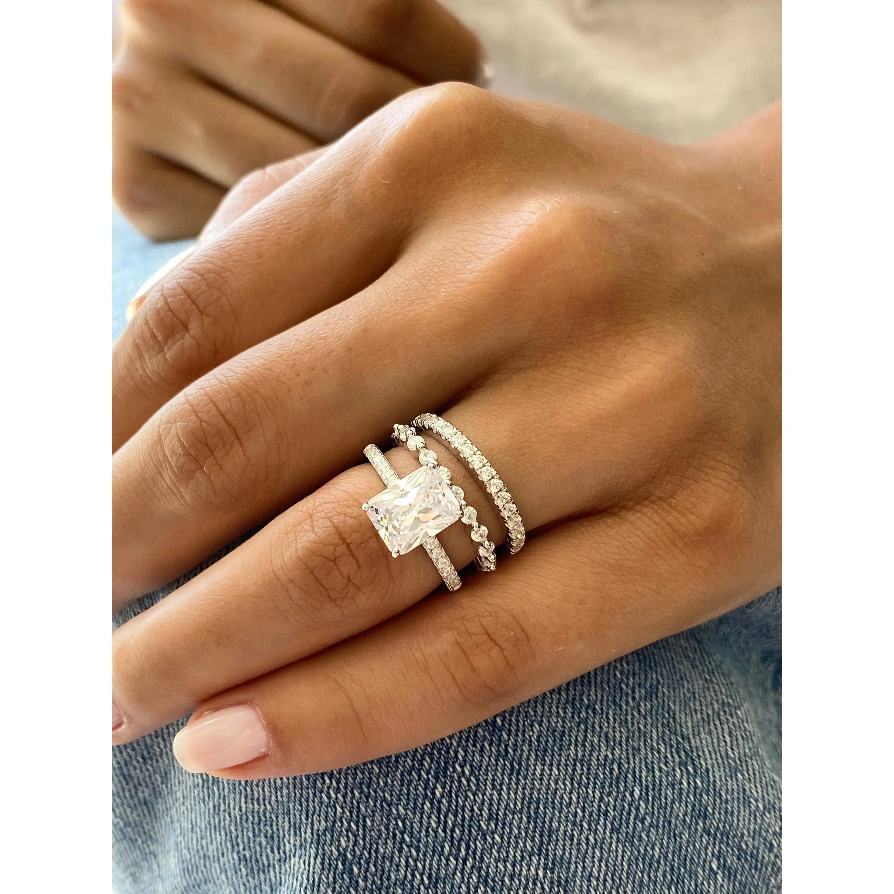 3-Piece Silver Radiant Cut Wedding Ring Set for Women, Square Crystal Zircon Bridal Ring Set, Sparkly Engagement & Promise Rings, Luxury Fashion Jewelry Gift for Her