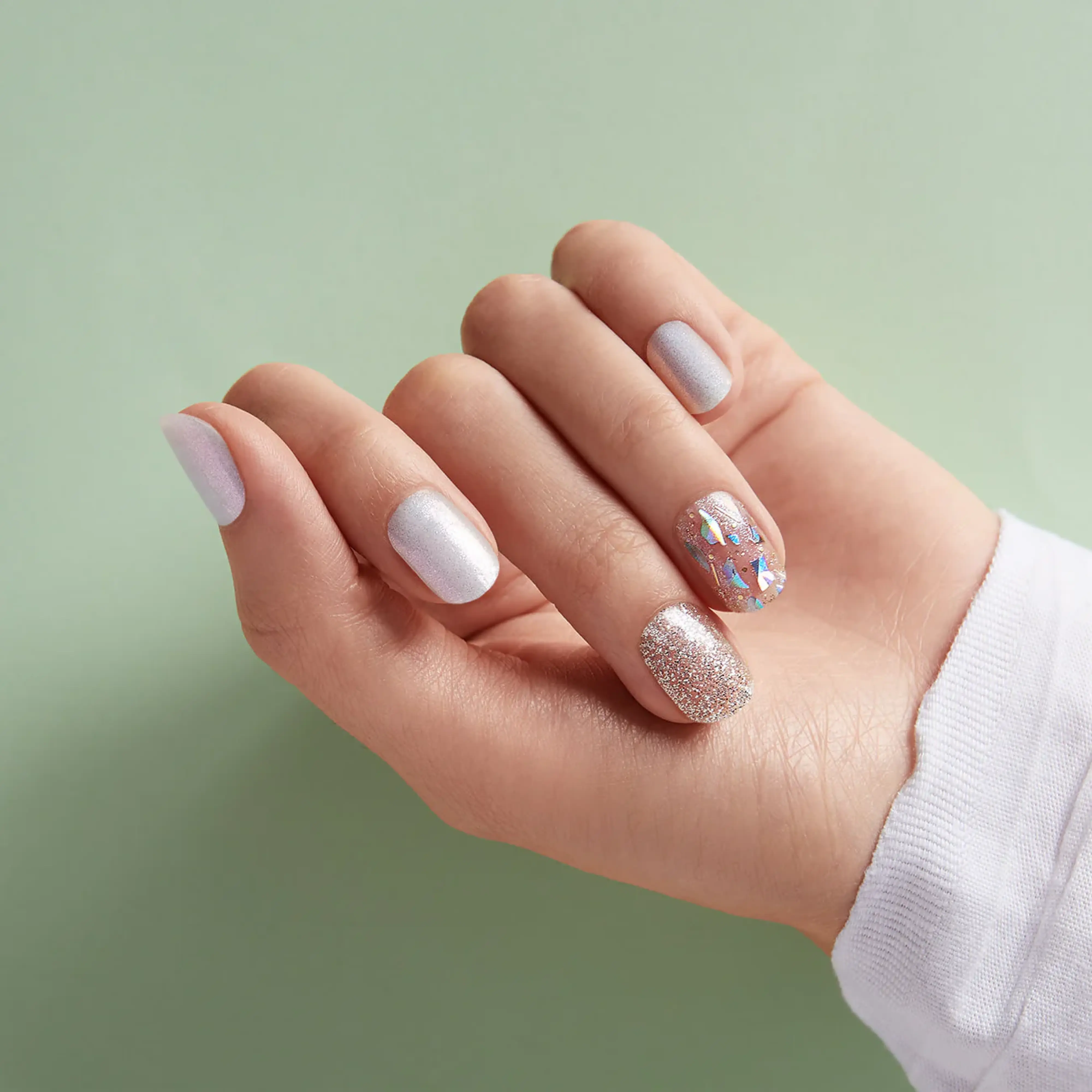 DASHING DIVA Meteor Shower Nail Polish Strips - Glittered Opal with Multicolor Confetti Glitter and Metallic Mosaic Accents