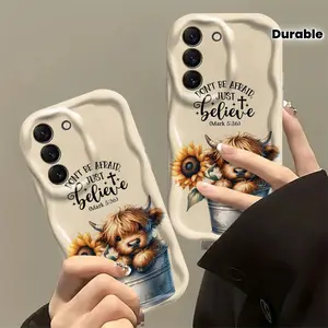 Highland Cow Sunflowers Cute Faith God Solid White Color Curly Wave Frame , Lens Protection,, Textured Phone Case, Mobile Accessory, Smartphone Case, Sunflower Design, Faithinspired Case, Fashion Enthusiasts, Trendy Shoppers for iPhone 13