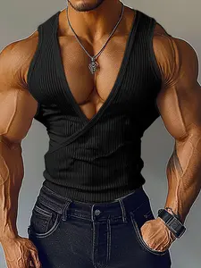Men's Solid Color Casual Vest, Textured Asymmetrical Deep V Neck Top, Slim Fit Design, Perfect Gym Wear, Fitness Workout Vest, Comfortable and Stylish