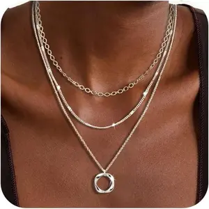 Layered Silver Necklaces for Women, Sterling Silver Stackable Stack Choker Necklaces for Women Trendy Layering Circle Pendant Chain Necklace Set Jewelry for Women