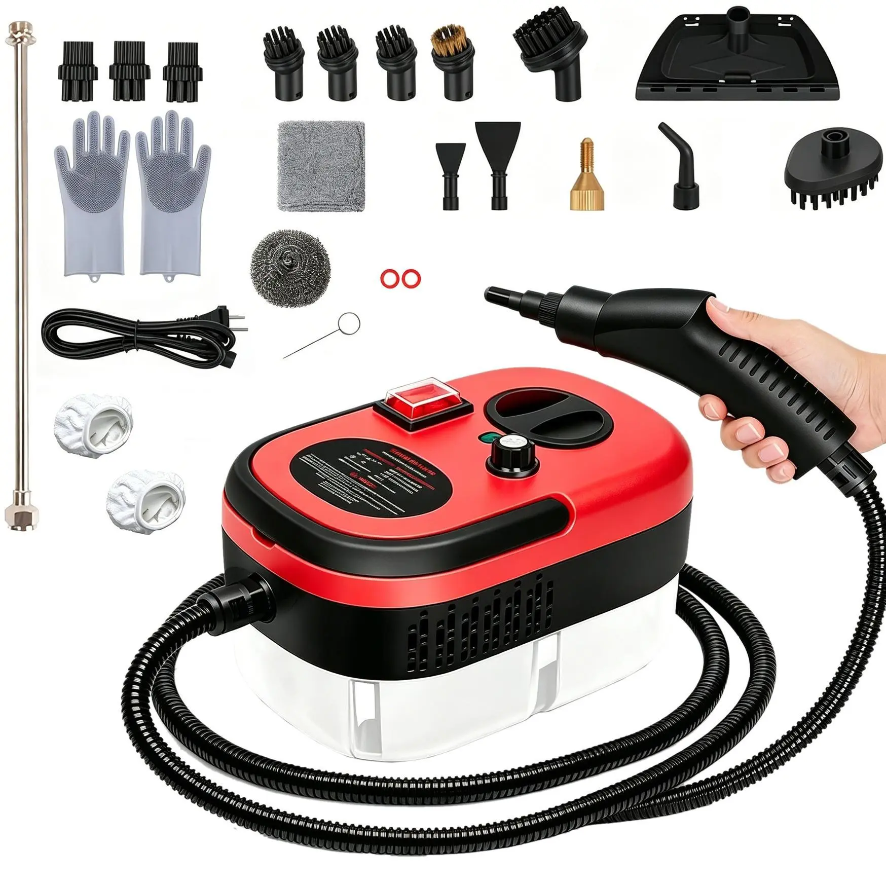 Red 2500W High-Temperature Handheld Steam Cleaner,Portable Car Steam Cleaner with Long Steam Hose,1200ml Water Tank,6-Level Adjustable,15s Fast Heat-Up,20pcs Accessories