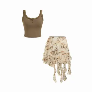 Cider Chiffon Square Neck Lace Trim Crop Cami Top & Low Rise Leopard Ruffle Hem Mini Skirt Set SwimWeek