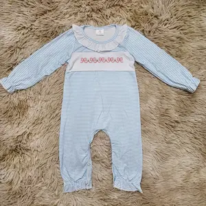 Light blue stripe bow embroidery romper sweet baby girls clothing