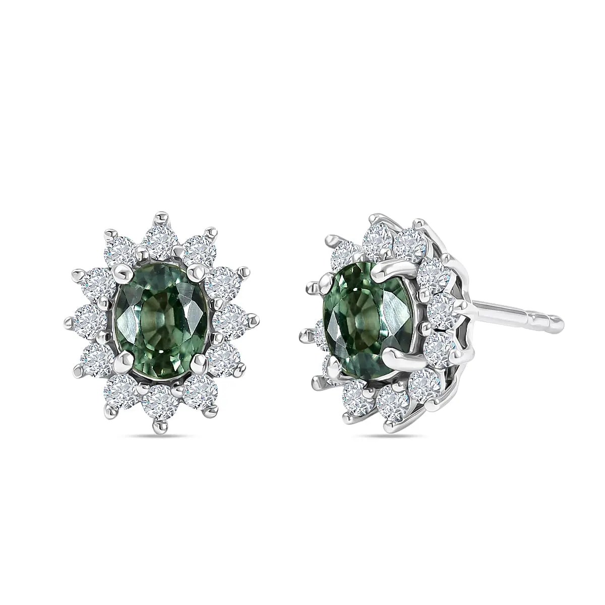 D'Joy Premium Malawi Green Sapphire, White Zircon Stud Earrings in Rhodium Over Sterling Silver 1.60 ctw