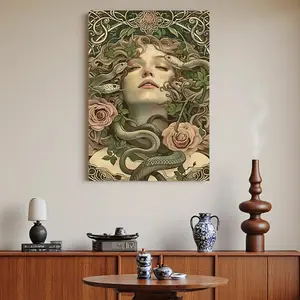Framed Canvas 1pc Medusa Mythological Wall Art - Framed Canvas  with Wooden Wrap-Around Frame, Greek Mythology Decor in Green & Brown Tones - Vertical Hanging for Living Room, Bedroom, Office - Elegant Mother's Day Gift Idea - Ready-to-Hang Home Deco