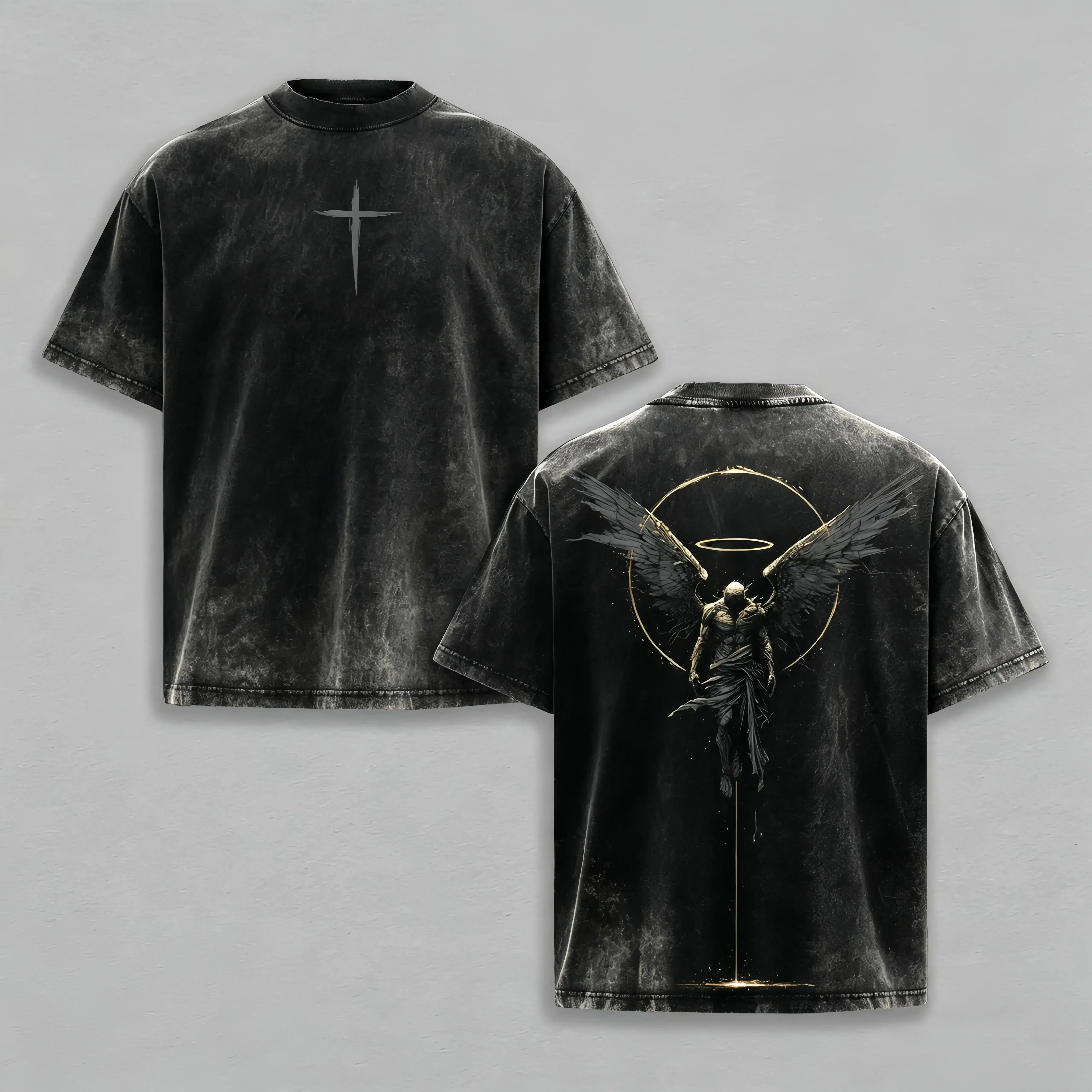 ARCHANGEL OF REPENTANCE T-Shirt Acid Wash Pump Cover Fallen Angel Double Printed Heavy Cotton Unisex Crusader Armor Graphic Tee, Vintage Cross Shirt, Medieval Warrior Streetwear, Gothic Faith Oversized Tee,funny graphic tee, men’s trendy t-shirts Casual M