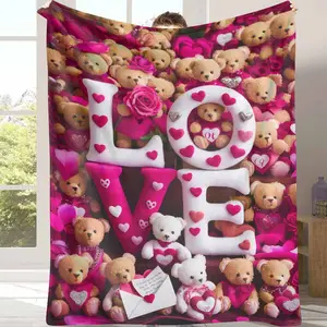 Love Teddy Bear Flannel Blanket Heart Roses Print Soft Cozy Warm Decorative Throw Ideal for Bedroom Living Room Sofa Valentine Gift Anniversary Celebration