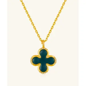 24K Gold Green Agate Clover Necklace
