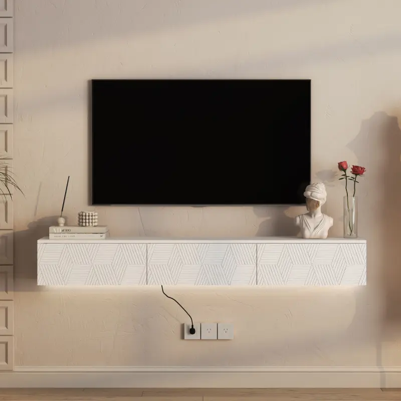 White MDF Floating TV Console - 66.9x11.8x9.17in Mountable Sturdy Minimalist Modern TV Stand, LED Lights with 16-Color Options, Storage Space, Cable Holes, Assembly Required, for 55/60/65in Screens, Home Entertainment Living Room Furniture, Wall Tv Cabine