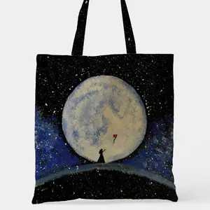 Starry Moon Canvas Bag, Hand-Drawn Print, Large Capacity, Durable Fabric, Perfect for School, Shopping, Dating, Gift for Friends, Canvas Tote Bags