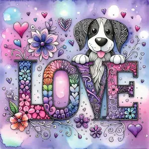 LOVE Letter Puppy Floral Hearts 5D Full Drill Diamond Painting Kit Playful Design with Shimmering Pastel Accents and Whimsical Details Cute Romantic Art Style DIY Art For Home Wall Decor Ideal Gift For Pet & Love Theme Enthusiasts