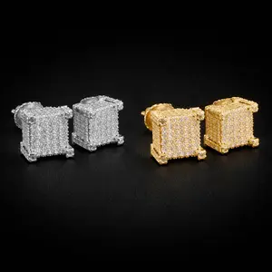 Iced Out Micro Pave CZ Stone Square Stud Earring Hip Hop Rock Jewelry Earrings For Women Men