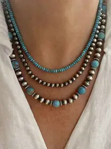 3pcs Set Handmade Turquoise Multi-Layer Beaded Necklace, Vintage Western Style, Versatile Jewelry for Women, Perfect for Party & Gifts