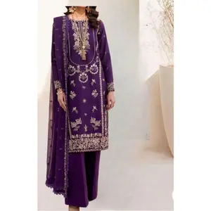 Motifz 3 Piece Cambric Embroidered Dress in Purple - Floral & Geometric Design - Cotton Crinkle Fabric - Flowy & Elegant Look - Perfect for Semi Formal Occasions