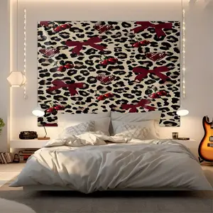 Playful Leopard Print Wall Tapestry with Red Cherries and Heart Bows, Luxurious Digital Print Wall Hanging for Bedroom or Living Room Decor, Stylish Home Aesthetic Tapestry, Perfect for Fashionable Wall Art and Unique Gifts