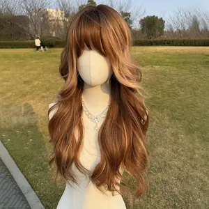 SMILCO/26Inch Highlight Brown With  Blonde Long Curly With Bangs Synthetic Wig/SM412-CO