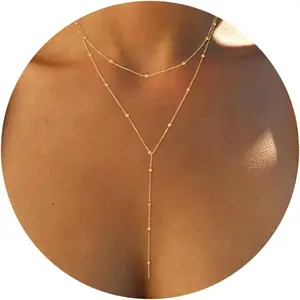 Dainty Long Gold Necklaces for Women, Trendy Lariat Y Necklace 14k Gold Plated Layered Beaded Drop Necklaces Simple Handmade Bar CZ Pendant Y-Shaped Chain Jewelry Gift Wedding: Clothing, Shoes & Jewelry
