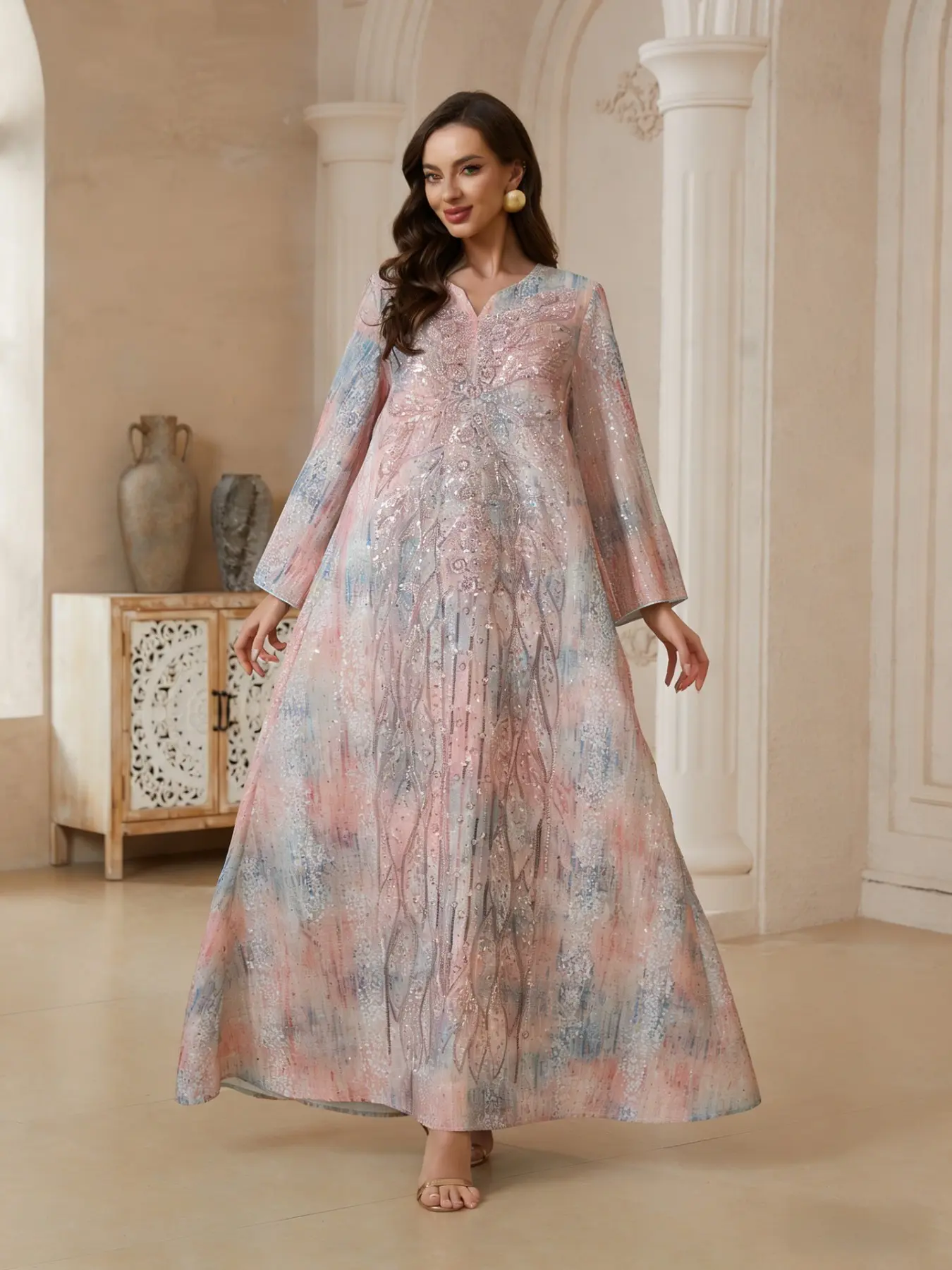 Middle Eastern Women's Traditional Sequin Floral Dress, Boho Long Sleeve Evening Gown, Loose-Fit Abaya for All Seasons