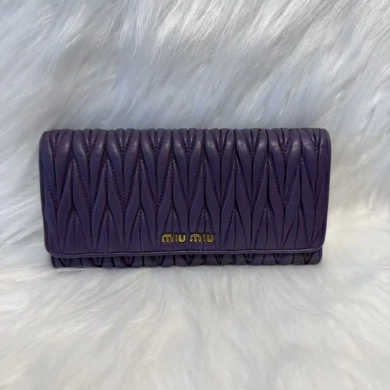 Pre-owned miu miu Dark Violet Nappa Matelasse Ruched Long Continental Wallet Gold Logo Flap Purse