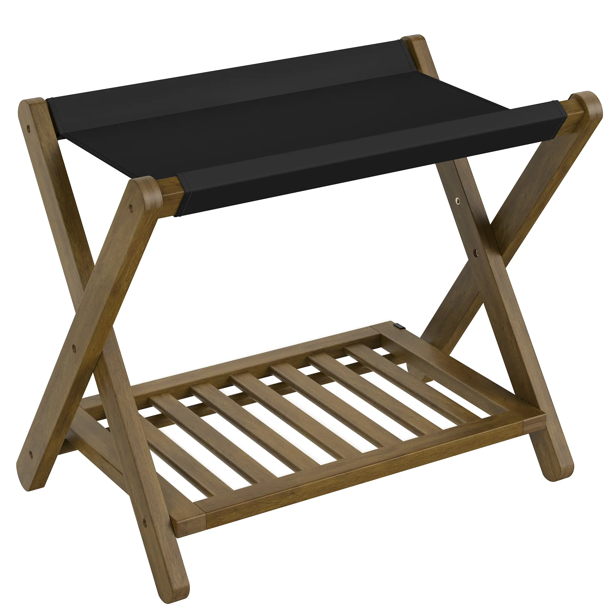 SONGMICS Bamboo Luggage Rack, Foldable Suitcase Stand, Luggage Holder with Storage Shelf, Synthetic Leather, Fully Assembled, Wipe-Clean, for Guest Room, Hotel, Bedroom