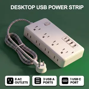 [12-in-1 Power Strip] 12-in-1 Power Strip Surge Protector | 8 AC Outlets, 4 USB Ports (including 1 Type-C), Overload Protection, Flat Plug, Multiple Outlets, Extension Cord