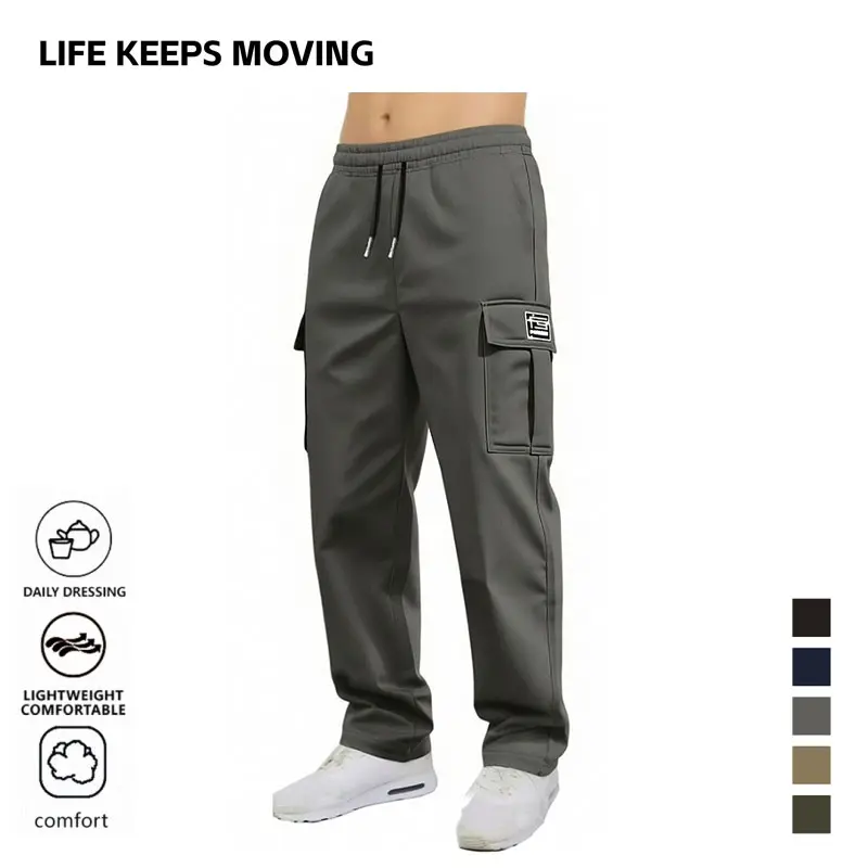 LIFE KEEPS MOVING Men’s minimalist solid-color cargo pants with pockets, durable for all seasons, straight-leg design that’s simple yet versatile for everyday wear.