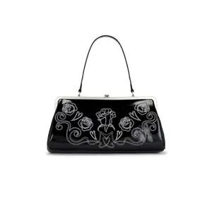 Markgong Large Embroidered Metal Clasp Bag in Black