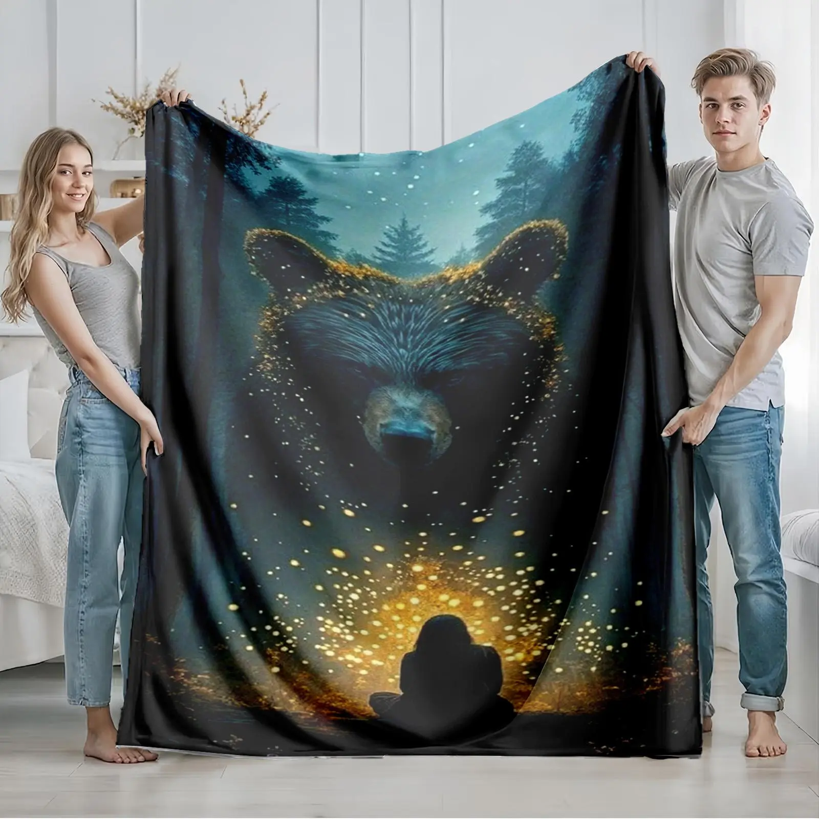 1 piece The Mysterious Guardian Bear in the Forest and the Miracle of Light themed flannel blanket - Modern-style flannel blanket, super soft and warm, suitable for sofas, beds and chairs, all-season multi-purpose use, machine-washable digital