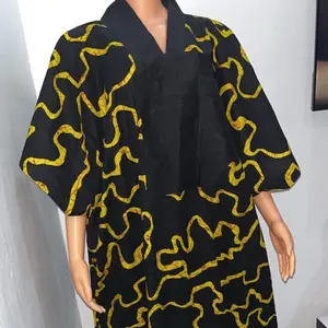 Ankara Dress - Black with Gold Wave Pattern, V-Neck, Half Sleeve, Casual Style, Summer Wear