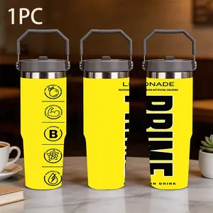 1pc 30oz large-capacity portable thermos cup printed with the pattern of PRIME Sports Hydrating lemon-flavored DRINK, a high-saturation yellow, black and white color sports and fitness portable water cup
