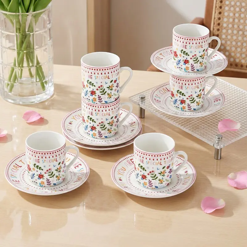 Floral Espresso Cups & Saucers Set of 6, 3oz Small Coffee Mugs, Ceramic Demitasse Cup for Tea, Latte, Espresso Shot Cup for Coffee Maker, Women Gifts for Mother's Day, Birthday