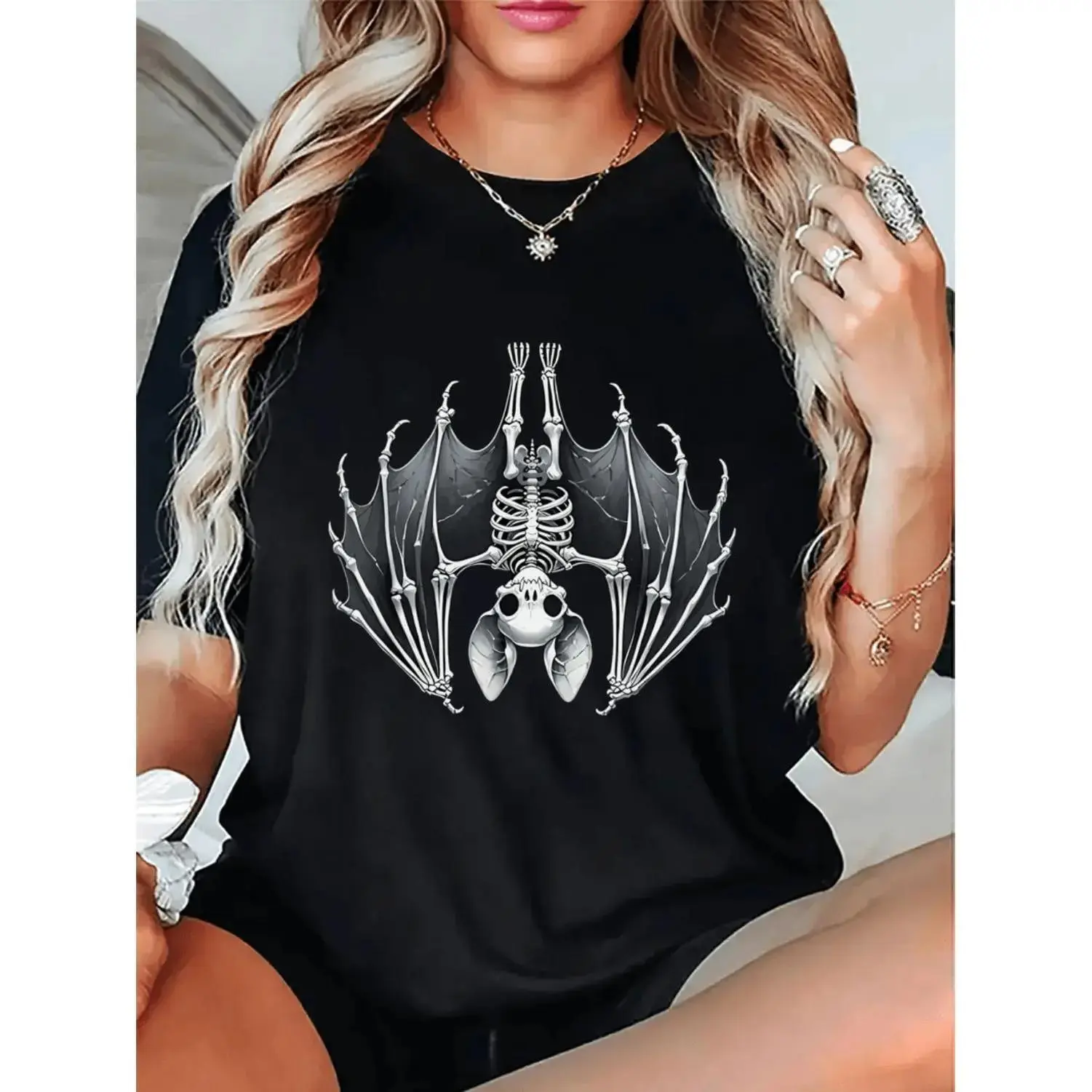 [Gothic Style Tops] Women's Stylish Gothic Graphic Tee - Short Sleeve, Round Neck, Skull Bat Print, Black, Medium Stretch, Comfortable Fit, Multi-Size, Mature Streetwear for Spring & Summer Sports & Outdoor Wear