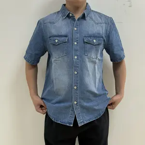 Bindefon Menswear Short Sleeve Denim Shirt with Dual Pockets Button-Up Casual Street Style Top All-Season Outfit for Christmas & New Year Holidays