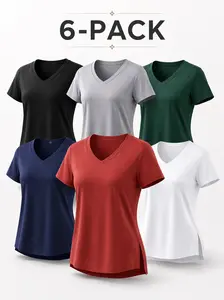 Women's 6-Pack Dry Fit V-Neck Athletic Short-Sleeve Tops - Shirts for Women, Fitted/Lightweight Breathable Polyester Stretch Sport Tees, Machine Washable for Gym Yoga