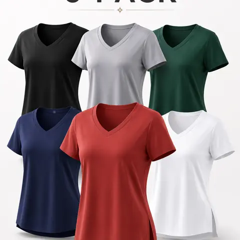Women's 6-Pack Deep V-Neck Quick Dry High-Elastic Plain Short-Sleeve Athletic T-Shirts - Fitted Lightweight Breathable Polyester Workout Tops, High-Elastic, Machine Washable, Versatile for Gym, Running, Shirts for Women