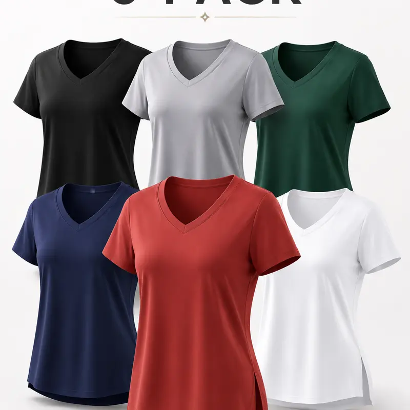 Women's 6-Pack Deep V-Neck Quick Dry High-Elastic Plain Short-Sleeve Athletic T-Shirts - Fitted Lightweight Breathable Polyester Workout Tops, High-Elastic, Machine Washable, Versatile for Gym, Running, Shirts for Women