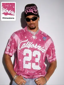 Men's Rhinestone Glitter Short Sleeve Knit T-Shirt, Breathable Mesh Jersey, California Letter 23 Bling Top, Casual Streetwear Fashion Graphic Tee, Multiple Sizes