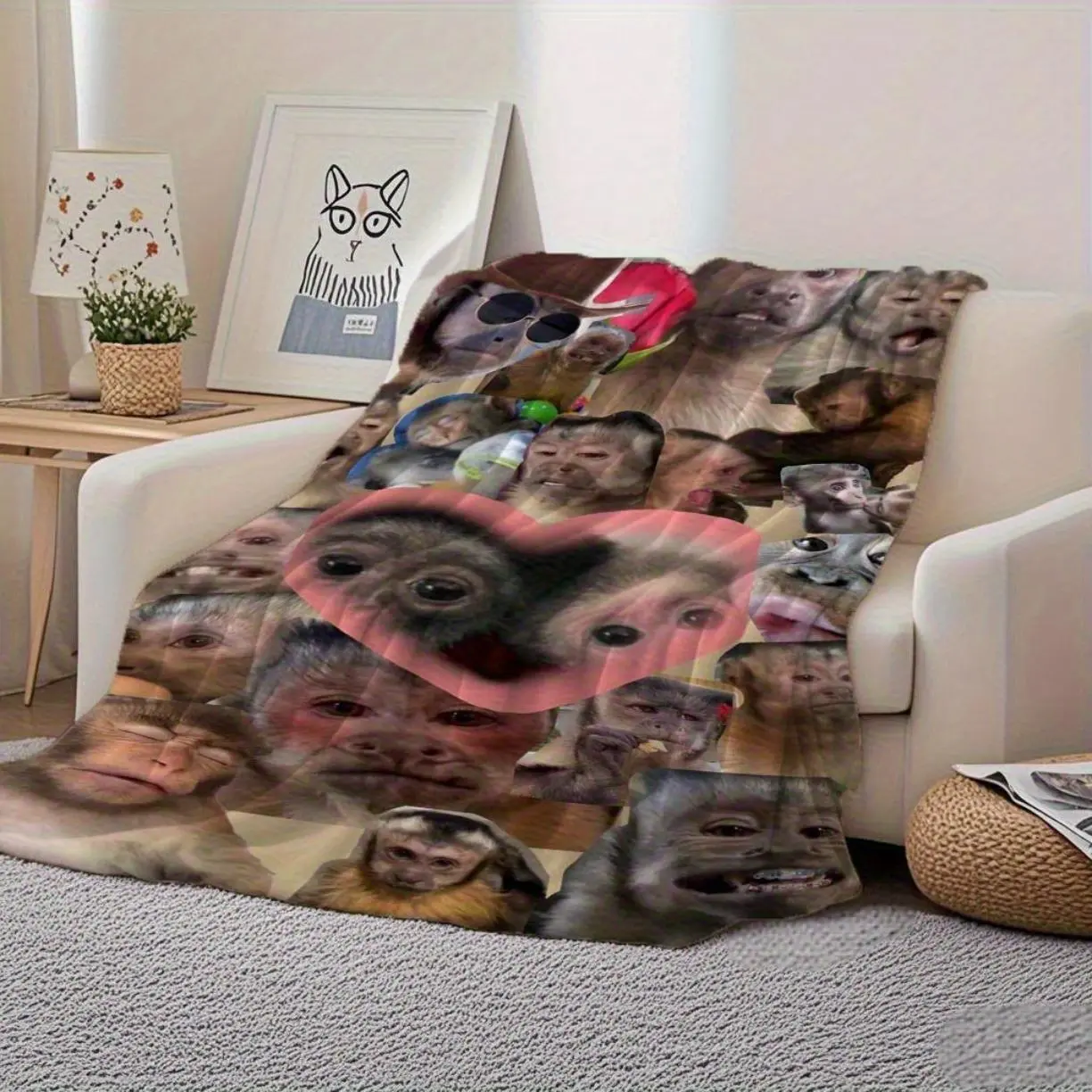 Monkey Print Heart Expressions Microfleece Flannel Blanket - Soft Plush, Stain Resistant, Multi-Size Throw with Expressive Monkey Faces (Surprise, Love, Happiness), Heart Accent - Lightweight Warm All-Season Blanket for Home Lounging, Room Decor