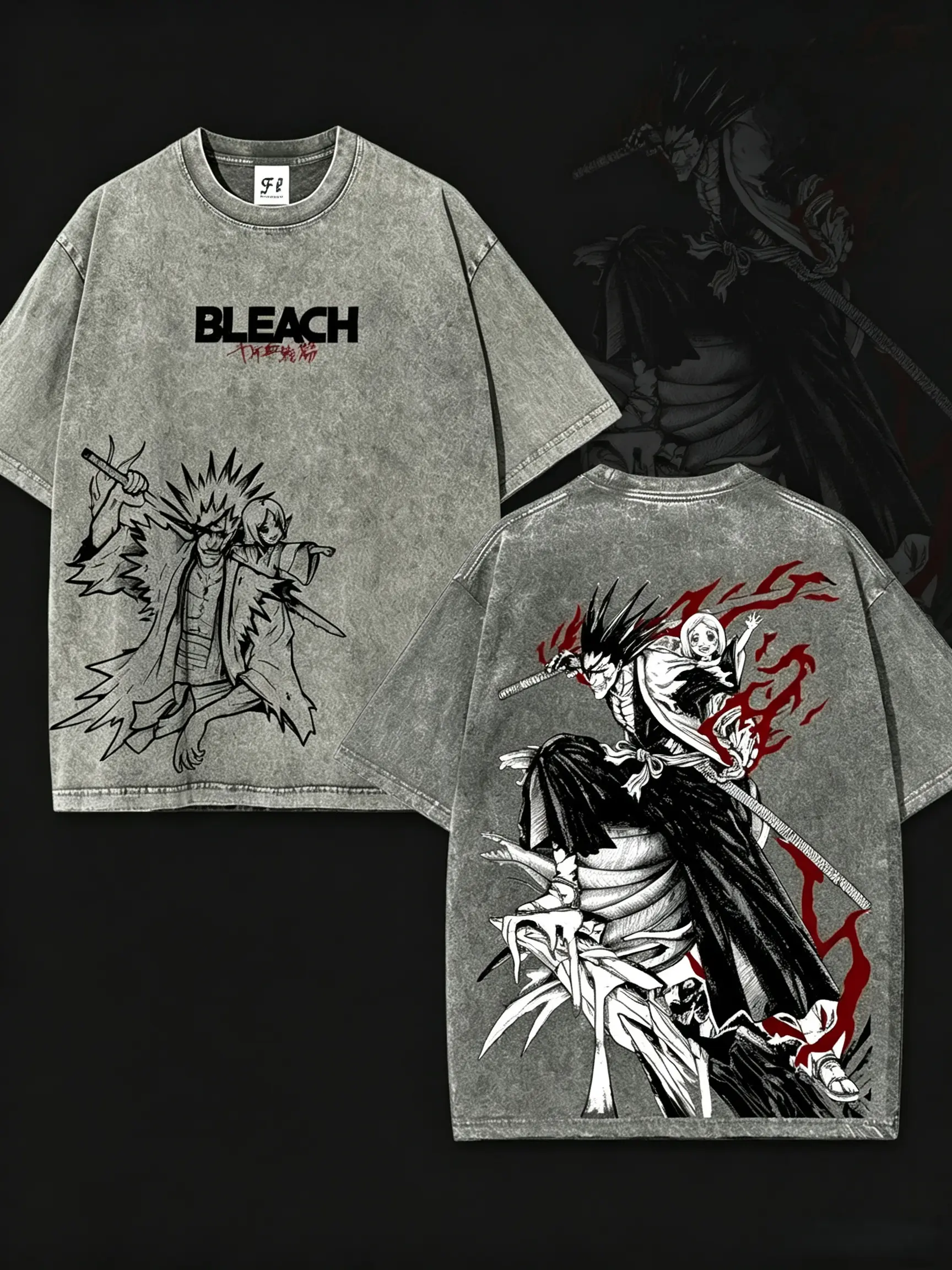 Men's Kenpachi Zaraki Bleach Oversized Short-Sleeve Round Neck Cotton Graphic Print Tshirt - Heavyweight Soft Seamless Loose-Fit Streetwear Top, Dark Manga Line Art Back Print, Anime Aesthetic Japanese Gift Apparel, Casual Menswear, Shortsleeve