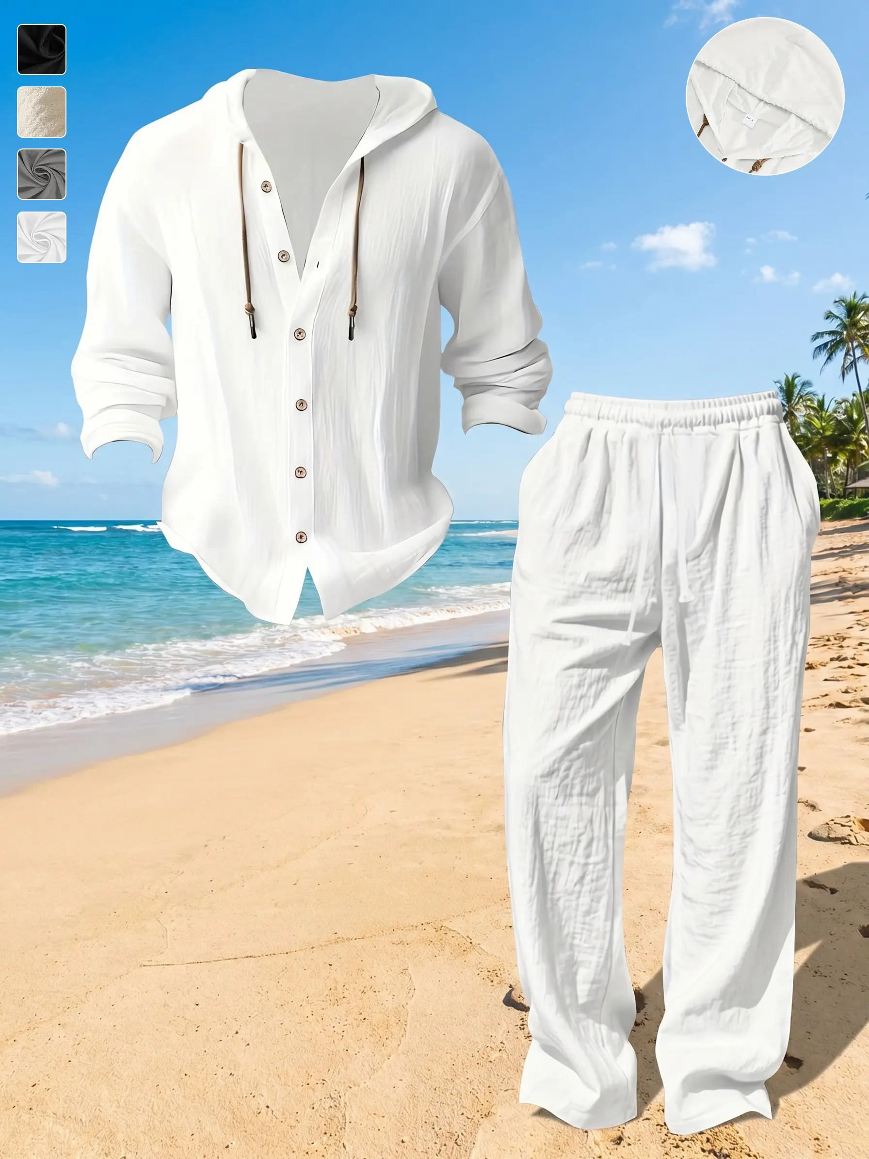 Men's Plain 2-Piece Menswear Summer Set, Long Sleeve Hooded Drawstring Shirt & Casual Pants, Lightweight Breathable Comfortable for Casual Wear, Beach Vacations