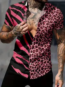 Men's Short Sleeve Shirt, Black to Pink Leopard Print Design, Button Style, Casual button collared, Formal Style, Lightweight, Machine Washable, Anti-see-through Fabric, Perfect for Summer Casual and Formal Occasions, Plus Size