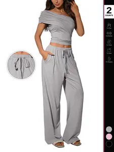 Women's 2 Piece Loungewear Set, Off-Shoulder Top & High-Waisted Wide-Leg Pants, Comfortable Casual Fashion Wear for Everyday Use Nightwear