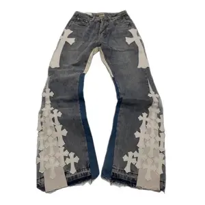 Women’s high-waisted straight-leg jeans with a collage design, three-dimensional street style, micro flare, heavy-duty cotton denim, medium thickness, zipper closure, loose fit; fabric: polyester