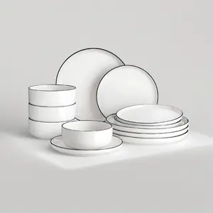 Plates and Bowls Sets, 12 Pieces Modern Porcelain Dinnerware Set for 4 White Kitchen Dinner Dining Ware Set wtih Black Rim Ceramic Dishware Dishes Microwave and Dishwasher Safe, Series LUNA
