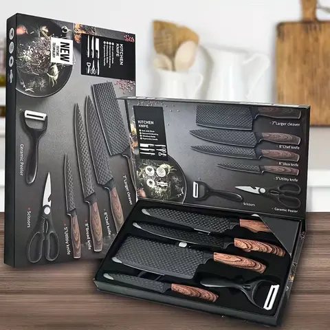 6Pcs Professional Knives Kitchen Set - Ultra Sharp Stainless Steel Chef Blade, Slicing Blade, Scissors, Non-Stick Ergonomic Wooden Handles, Safety Sheaths, Aesthetic Culinary Gift Box for Home Chefs